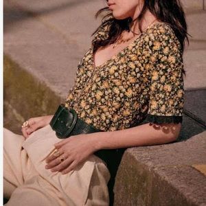 NWOT Sezane Celia T-Shirt in Black and Yellow Floral Blossoms - Size S